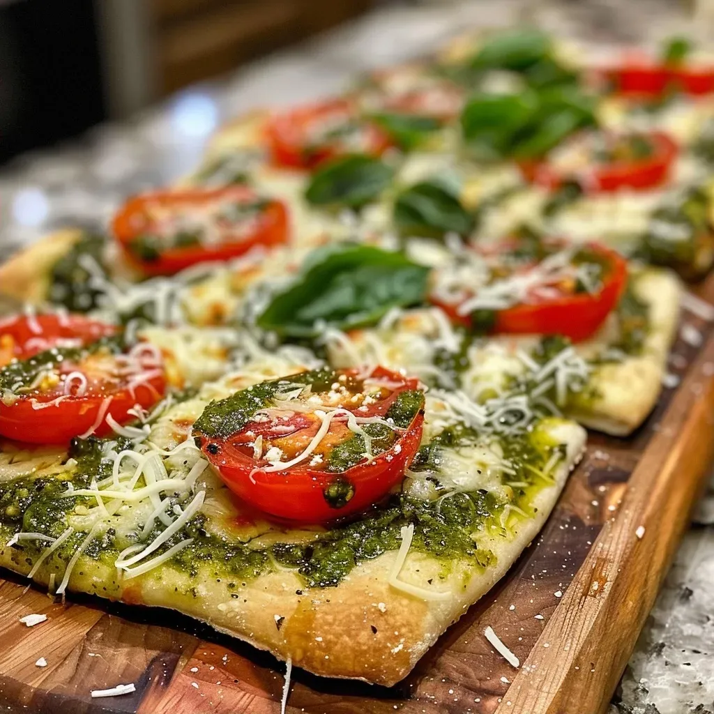 Close-up view of a slice of Pesto Flatbread Pizza topped with fresh ingredients.