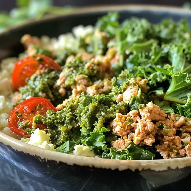 ['Close-up view of a vibrant Pesto Turkey Cauliflower Rice Bowl with fresh ingredients.', 'A side photo showcasing a delicious bowl filled with ground turkey, cauliflower rice, and greens.', 'Juicy Pesto Turkey Cauliflower Rice Bowl displayed with colorful toppings like sun-dried tomatoes.', 'An appetizing close-up of a meal featuring ground turkey and cauliflower rice drizzled with pesto.']