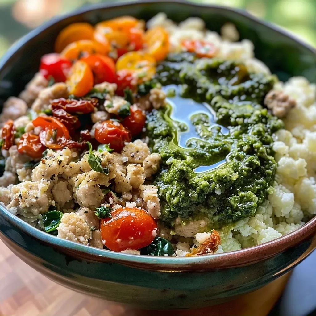 ['Close-up view of a vibrant Pesto Turkey Cauliflower Rice Bowl with fresh ingredients.', 'A side photo showcasing a delicious bowl filled with ground turkey, cauliflower rice, and greens.', 'Juicy Pesto Turkey Cauliflower Rice Bowl displayed with colorful toppings like sun-dried tomatoes.', 'An appetizing close-up of a meal featuring ground turkey and cauliflower rice drizzled with pesto.']