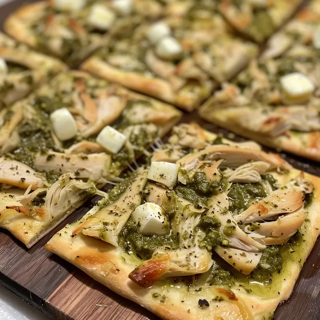 ['Close-up of a Pesto Turkey Flatbread with vibrant toppings.', 'Side view of a juicy Pesto Turkey Flatbread showcasing colorful ingredients.', 'Detailed view of a delicious Pesto Turkey Flatbread, highlighting its fresh toppings.', 'A scrumptious Pesto Turkey Flatbread featuring sliced turkey and pesto.']