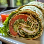 ['Close-up view of a Pesto Turkey Wrap with colorful ingredients layered inside.', 'Side angle of a juicy Pesto Turkey Wrap showcasing fresh vegetables and turkey.', 'Detailed image of a sliced Pesto Turkey Wrap revealing cottage cheese and pesto.', 'Visually appealing Pesto Turkey Wrap with vibrant greens and tomatoes.']