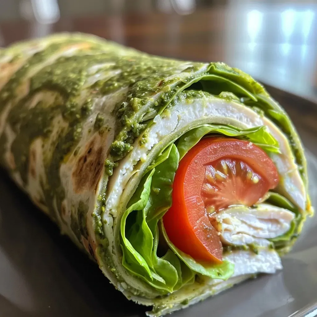 ['Close-up view of a Pesto Turkey Wrap with colorful ingredients layered inside.', 'Side angle of a juicy Pesto Turkey Wrap showcasing fresh vegetables and turkey.', 'Detailed image of a sliced Pesto Turkey Wrap revealing cottage cheese and pesto.', 'Visually appealing Pesto Turkey Wrap with vibrant greens and tomatoes.']