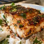['Close-up view of baked honey cod fillet drizzled with honey and garnished with parsley.', 'Juicy, golden brown cod fillet on a plate, topped with a honey glaze and served with rice.', 'Succulent baked cod with a glossy honey sauce, sprinkled with chili flakes and parsley.', 'Side view of a cooked cod fillet, showcasing its caramelized honey coating and vibrant garnishes.']