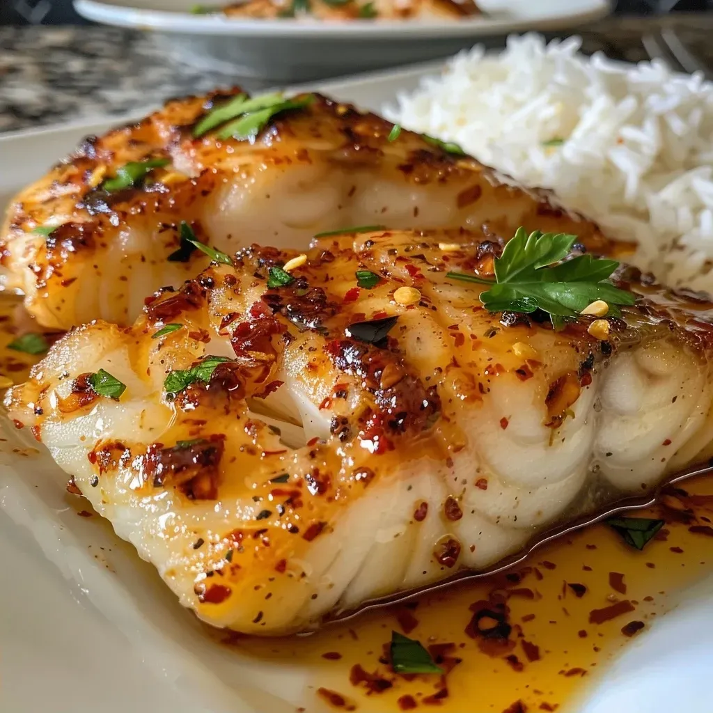 ['Close-up view of baked honey cod fillet drizzled with honey and garnished with parsley.', 'Juicy, golden brown cod fillet on a plate, topped with a honey glaze and served with rice.', 'Succulent baked cod with a glossy honey sauce, sprinkled with chili flakes and parsley.', 'Side view of a cooked cod fillet, showcasing its caramelized honey coating and vibrant garnishes.']