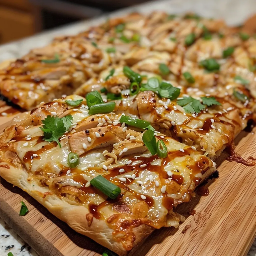 ['Close-up view of a flatbread topped with teriyaki chicken and melted cheese.', 'Side angle of a delicious flatbread dinner with colorful toppings and drizzled sauce.', 'Juicy flatbread loaded with diced chicken, cheese, and green onions on a plate.', 'Appetizing flatbread featuring teriyaki chicken, cheese, and garnishes for added flavor.']
