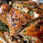 ['A juicy roasted turkey breast glistening with garlic herb butter on a wooden cutting board.', 'Close-up of a succulent bone-in turkey breast topped with melted herb-infused butter.', 'Side view of roasted turkey breast, showcasing golden skin and fresh herbs.', 'Deliciously roasted turkey breast with garlic and herbs, ready to be served.']