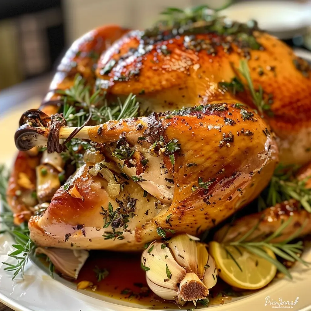 ['A juicy roasted turkey breast glistening with garlic herb butter on a wooden cutting board.', 'Close-up of a succulent bone-in turkey breast topped with melted herb-infused butter.', 'Side view of roasted turkey breast, showcasing golden skin and fresh herbs.', 'Deliciously roasted turkey breast with garlic and herbs, ready to be served.']