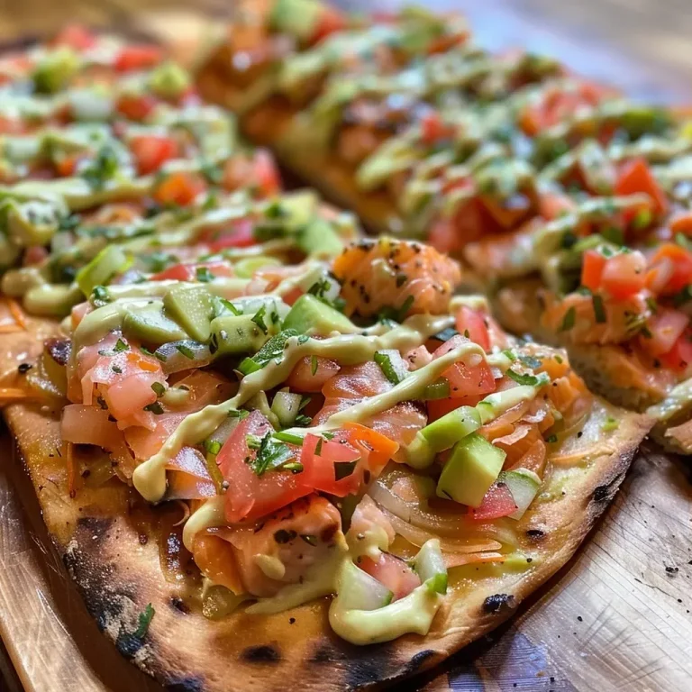 ['Close-up view of a juicy salmon flatbread topped with avocado mayonnaise and pico de gallo.', 'Side view of a delicious salmon flatbread garnished with pickles and celery on a toasted flatbread.', 'Detailed close-up of an appetizing flatbread featuring salmon, cheese, and fresh toppings.', 'Vibrant presentation of a salmon flatbread, highlighting its colorful ingredients and textures.']