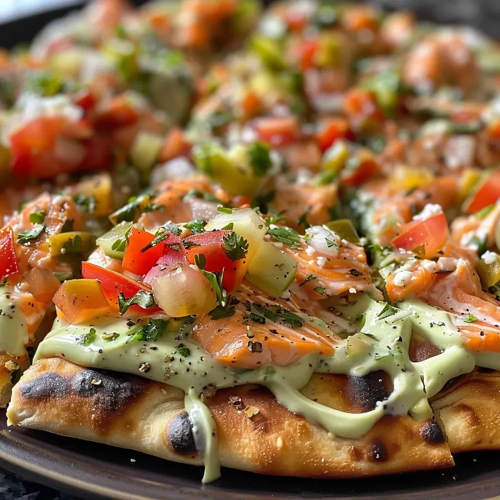 ['Close-up view of a juicy salmon flatbread topped with avocado mayonnaise and pico de gallo.', 'Side view of a delicious salmon flatbread garnished with pickles and celery on a toasted flatbread.', 'Detailed close-up of an appetizing flatbread featuring salmon, cheese, and fresh toppings.', 'Vibrant presentation of a salmon flatbread, highlighting its colorful ingredients and textures.']
