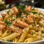 ['Close-up view of salmon pasta, showcasing vibrant chunks of salmon and penne pasta.', 'Juicy salmon pieces mixed with penne pasta in a creamy-looking sauce, garnished with parsley.', 'Side view of a delicious salmon pasta dish with sautéed garlic and onion.', 'A hearty bowl of salmon pasta, highlighting rich colors and textures, topped with grated parmesan.']