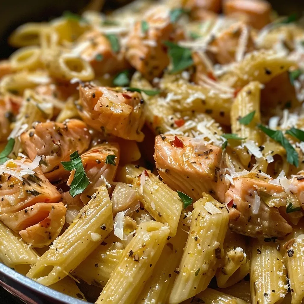 ['Close-up view of salmon pasta, showcasing vibrant chunks of salmon and penne pasta.', 'Juicy salmon pieces mixed with penne pasta in a creamy-looking sauce, garnished with parsley.', 'Side view of a delicious salmon pasta dish with sautéed garlic and onion.', 'A hearty bowl of salmon pasta, highlighting rich colors and textures, topped with grated parmesan.']