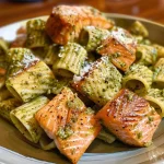 ['Close-up view of a bowl of salmon pesto pasta garnished with herbs.', 'Juicy salmon filets and pasta mixed with vibrant green pesto.', 'Side view of a dish showcasing salmon pesto pasta with grated cheese on top.', 'A delicious serving of salmon pesto pasta presented in a rustic bowl.']