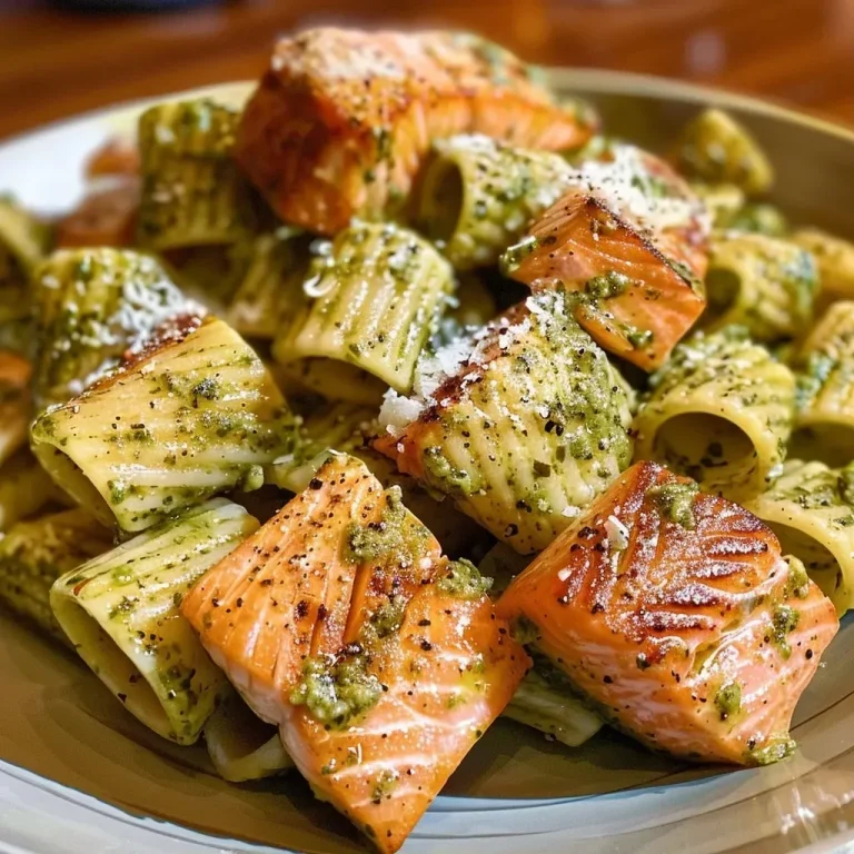 ['Close-up view of a bowl of salmon pesto pasta garnished with herbs.', 'Juicy salmon filets and pasta mixed with vibrant green pesto.', 'Side view of a dish showcasing salmon pesto pasta with grated cheese on top.', 'A delicious serving of salmon pesto pasta presented in a rustic bowl.']