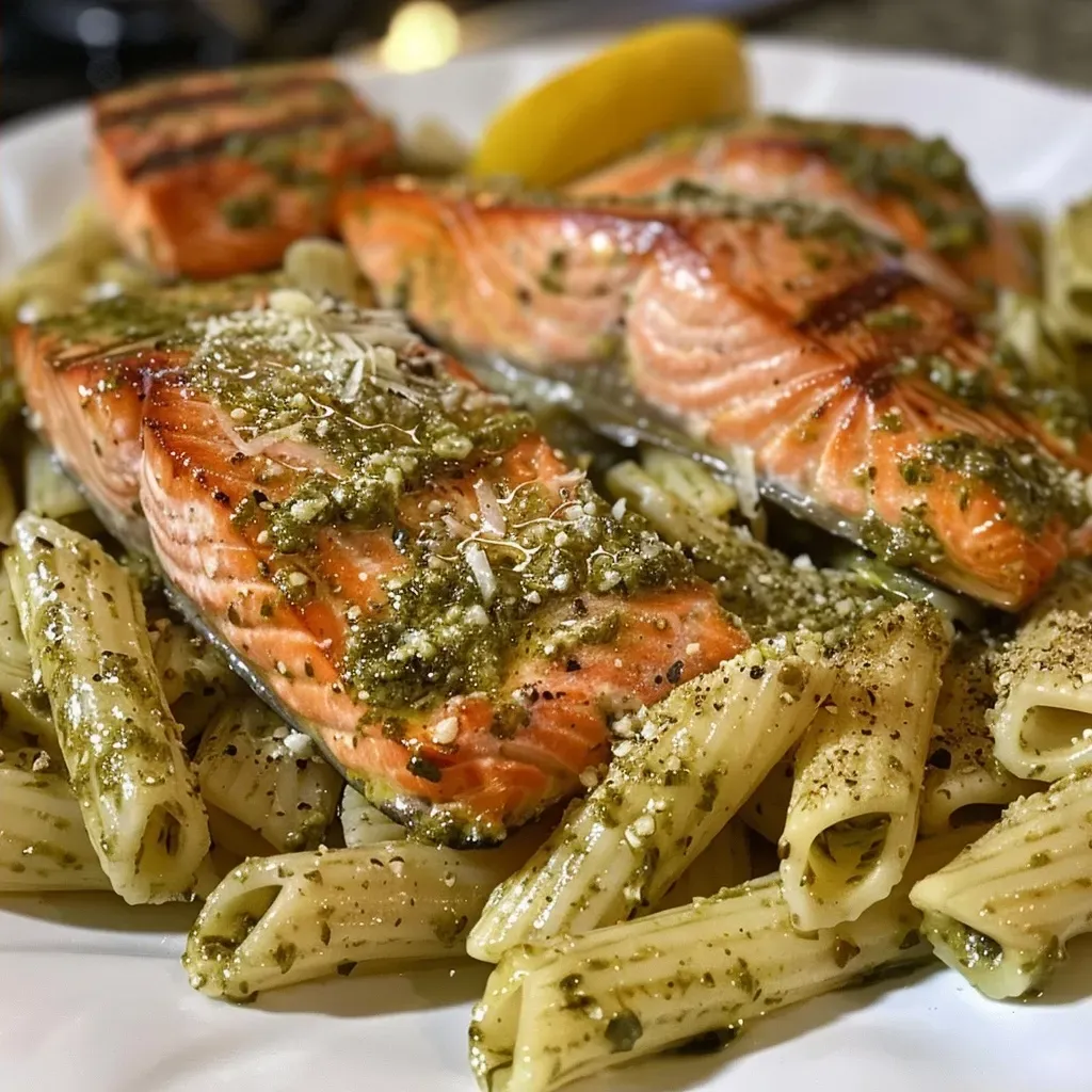 ['Close-up view of a bowl of salmon pesto pasta garnished with herbs.', 'Juicy salmon filets and pasta mixed with vibrant green pesto.', 'Side view of a dish showcasing salmon pesto pasta with grated cheese on top.', 'A delicious serving of salmon pesto pasta presented in a rustic bowl.']