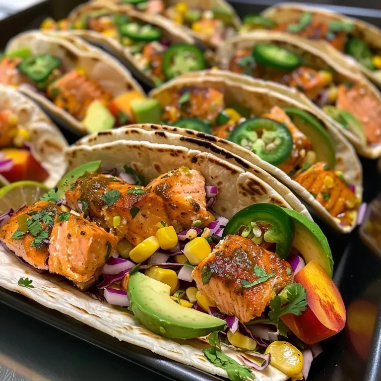 ['Close-up of juicy salmon tacos garnished with fresh vegetables and herbs.', 'Side view of colorful salmon tacos with avocado, lime, and cilantro, served on a plate.', 'Delicious salmon tacos filled with shredded cabbage and topped with Greek yogurt.', 'Vibrant salmon tacos displayed with lime wedges and jalapeños for added flavor.']