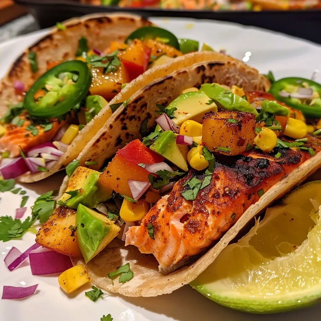 Close-up of juicy salmon tacos garnished with fresh vegetables and herbs.