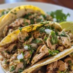['Close-up view of Salsa Verde Turkey Tacos, showing juicy meat and fresh toppings.', 'Side angle of delicious turkey tacos garnished with Salsa Verde and vegetables.', 'Juicy turkey tacos displayed with vibrant green salsa and diced onions.', 'Appetizing close-up of turkey tacos drizzled with Salsa Verde and surrounded by fresh ingredients.']