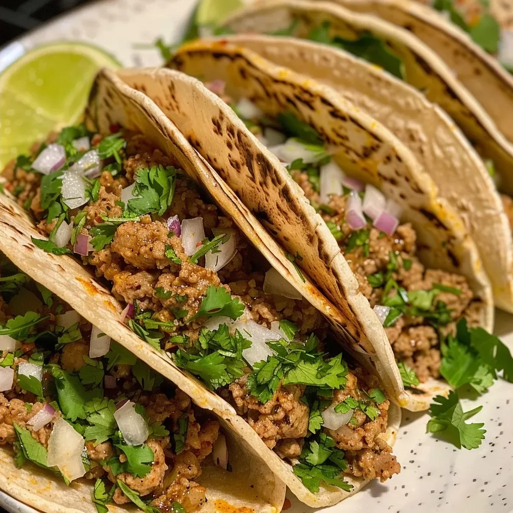 Close-up view of Salsa Verde Turkey Tacos, showing juicy meat and fresh toppings.