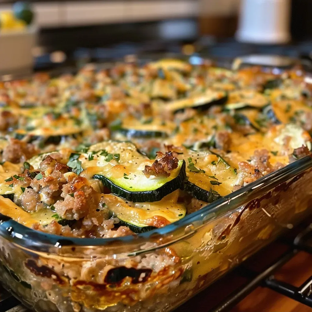 Close-up image of a savory ground turkey zucchini casserole, showcasing layers of ingredients.