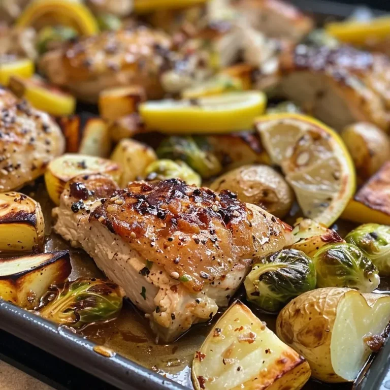 ['Juicy turkey chunks glazed with honey and lemon on a sheet pan.', 'Close-up of roasted turkey and vegetables, showcasing a golden glaze.', 'Sliced lemon and turkey pieces arranged with colorful vegetables.', 'Side view of succulent turkey with garlic and lemon on a baking sheet.']