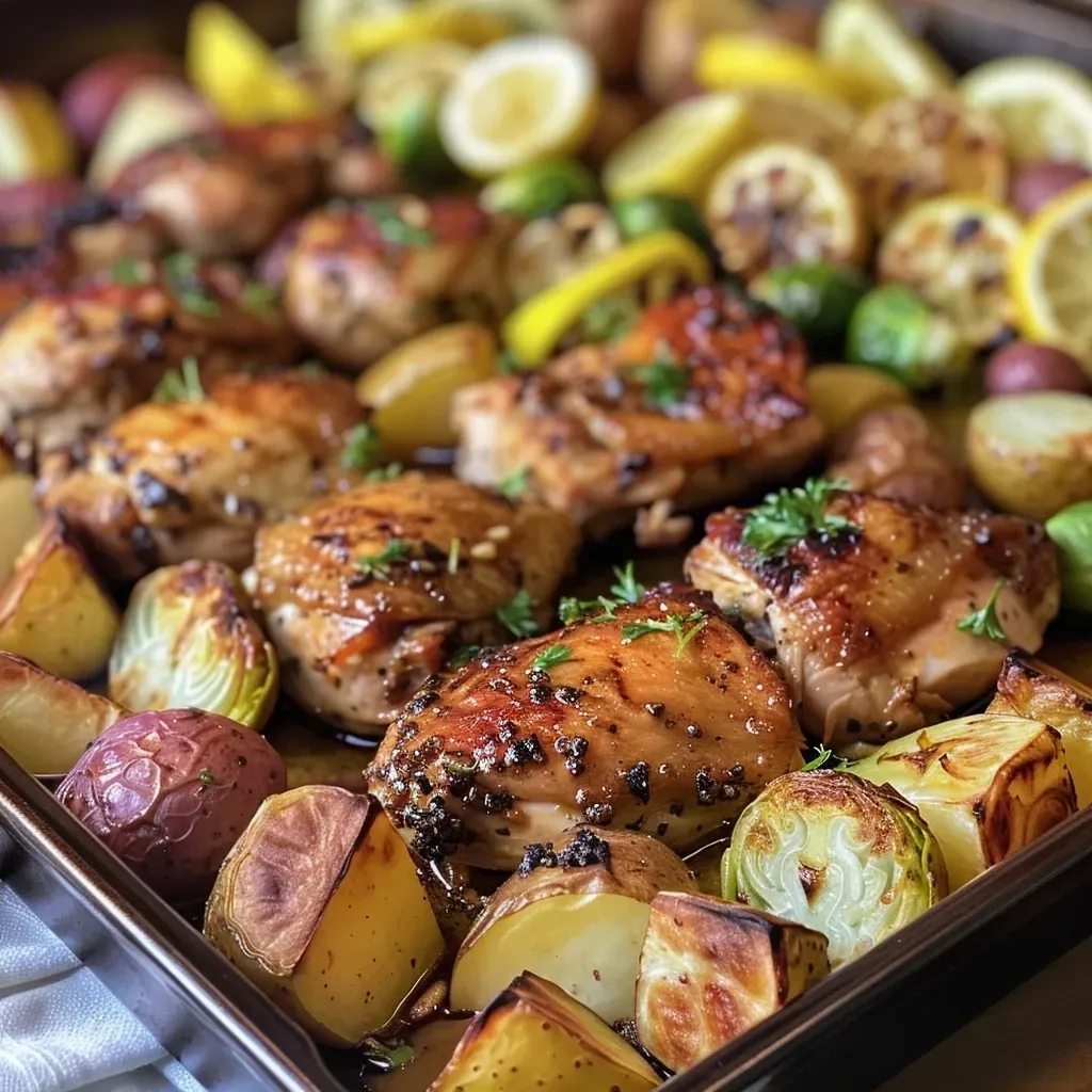 Juicy turkey chunks glazed with honey and lemon on a sheet pan.