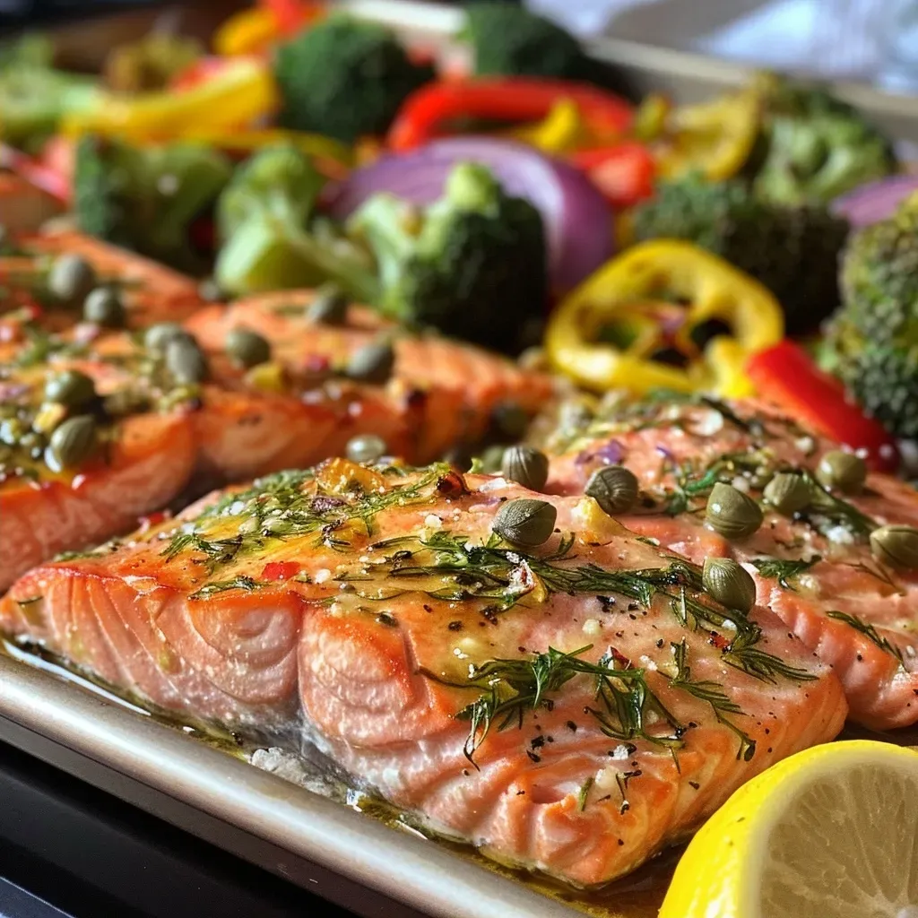 ['Close-up of juicy baked salmon fillets with roasted vegetables on a sheet pan.', 'Side view of sheet pan salmon with vibrant broccoli, bell peppers, and zucchini.', 'Savory salmon dish featuring colorful vegetables, garnished with lemon wedges.', 'Plate of oven-baked salmon and vegetables, showcasing rich colors and textures.']