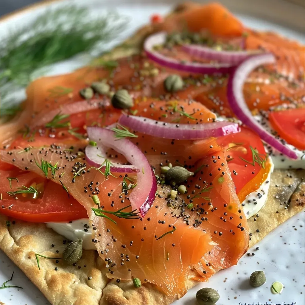 ['Close-up view of a smoked salmon breakfast flatbread topped with fresh ingredients.', 'Side view of a delicious flatbread featuring smoked salmon, cream cheese, and vegetables.', 'Juicy smoked salmon breakfast flatbread with vibrant toppings on a wooden surface.', 'Detailed shot of a flatbread with smoked salmon, red onions, capers, and dill.']