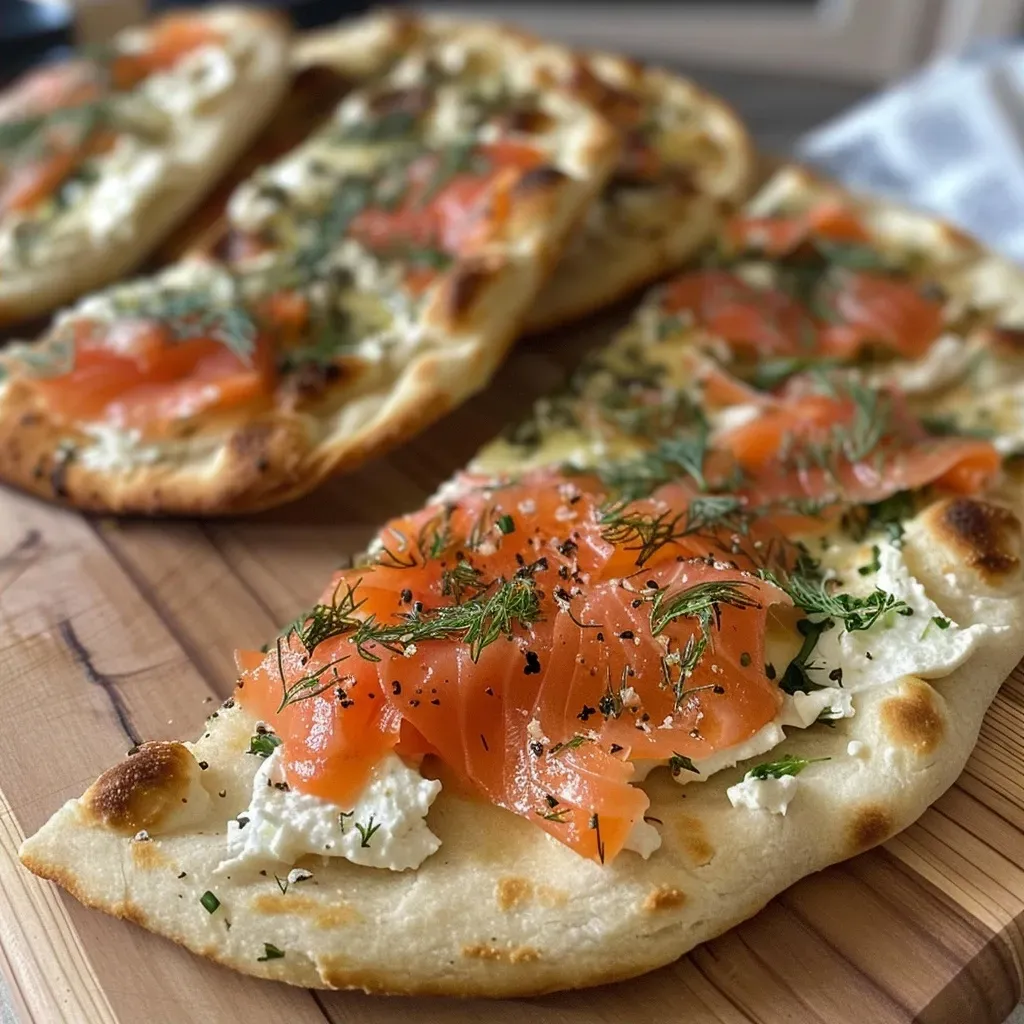 Close-up of a smoked salmon flatbread topped with ricotta cheese and herbs.