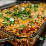 ['Close-up view of a slice of Southwestern Ground Turkey Casserole displaying layers of turkey, rice, and cheese.', 'Side view of a hearty Southwestern Ground Turkey Casserole with melted cheese and vibrant vegetables.', 'Juicy Southwestern Ground Turkey Casserole showcasing its colorful ingredients and texture.', 'Detailed image of Southwestern Ground Turkey Casserole featuring ground turkey, black beans, and corn.']