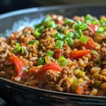 ['A close-up view of a colorful Spicy Cajun Turkey and Rice Skillet with vibrant ingredients.', 'Juicy ground turkey mixed with rice, bell peppers, and spices presented in a skillet.', 'A side view of a hearty dish featuring Cajun-seasoned turkey, rice, and garnished with green onions.', 'A detailed look at a skillet filled with spicy turkey and rice, showcasing the rich colors of the ingredients.']