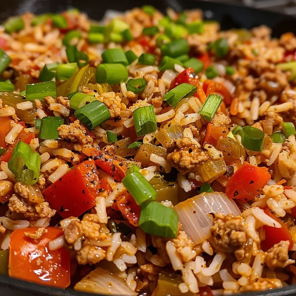 A close-up view of a colorful Spicy Cajun Turkey and Rice Skillet with vibrant ingredients.