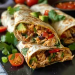 ['Close-up of a spicy chipotle turkey burrito with avocado and cheese.', 'Side view of a delicious turkey burrito stacked with fresh ingredients.', 'Juicy burrito filled with ground turkey, pinto beans, and hot sauce.', 'Colorful display of a spicy burrito showcasing chopped veggies and cilantro.']