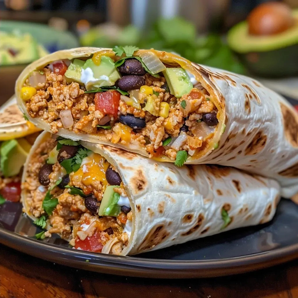Close-up of a spicy chipotle turkey burrito with avocado and cheese.