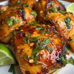 ['Close-up view of Spicy Honey Lime Chicken with a glossy glaze and fresh lime slices.', 'Juicy chicken thighs coated in a spicy honey lime sauce, garnished with cilantro.', 'Side view of tender chicken pieces drizzled with honey and lime, showcasing vibrant colors.', 'A plate of Spicy Honey Lime Chicken with zesty garnish and lime wedges, ready to serve.']