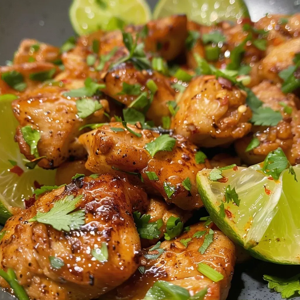 ['Close-up view of Spicy Honey Lime Chicken with a glossy glaze and fresh lime slices.', 'Juicy chicken thighs coated in a spicy honey lime sauce, garnished with cilantro.', 'Side view of tender chicken pieces drizzled with honey and lime, showcasing vibrant colors.', 'A plate of Spicy Honey Lime Chicken with zesty garnish and lime wedges, ready to serve.']