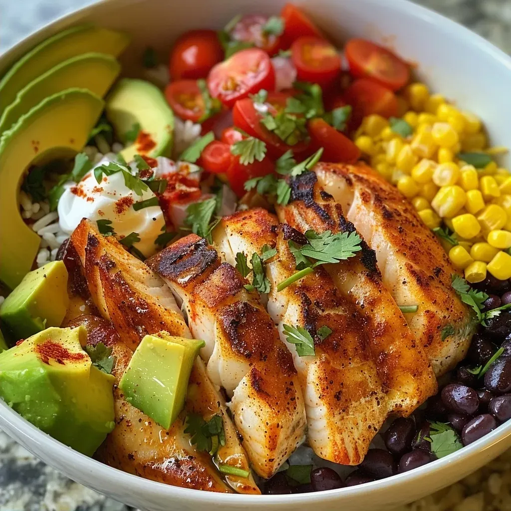 ['Close-up of a Spicy Mexican Tilapia Bowl with vibrant ingredients.', 'Side view of a colorful Spicy Mexican Tilapia Bowl showcasing fresh toppings.', 'Juicy Spicy Mexican Tilapia Bowl filled with rice, beans, and avocado.', 'Detailed photo of a Spicy Mexican Tilapia Bowl highlighting its spicy seasonings.']