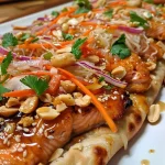 ['Close-up view of a Sweet and Spicy Thai Salmon Flatbread topped with vibrant ingredients.', 'Side view of a delicious flatbread featuring salmon, vegetables, and peanut sauce.', 'Juicy Sweet and Spicy Thai Salmon Flatbread with colorful toppings beautifully arranged.', 'Detailed shot of a flatbread topped with salmon, cheese, peanuts, and fresh herbs.']