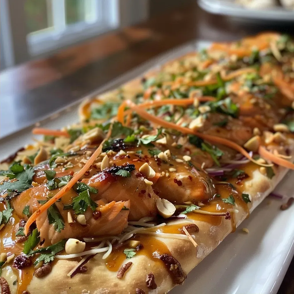 ['Close-up view of a Sweet and Spicy Thai Salmon Flatbread topped with vibrant ingredients.', 'Side view of a delicious flatbread featuring salmon, vegetables, and peanut sauce.', 'Juicy Sweet and Spicy Thai Salmon Flatbread with colorful toppings beautifully arranged.', 'Detailed shot of a flatbread topped with salmon, cheese, peanuts, and fresh herbs.']
