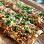 ['Close-up view of a delicious Teriyaki Chicken Flatbread with toppings.', 'Side angle photo of juicy Teriyaki Chicken Flatbread showcasing toppings.', 'Appetizing Teriyaki Chicken Flatbread with melted cheese and garnishes.', 'Detailed close-up of Teriyaki Chicken Flatbread highlighting ingredients.']