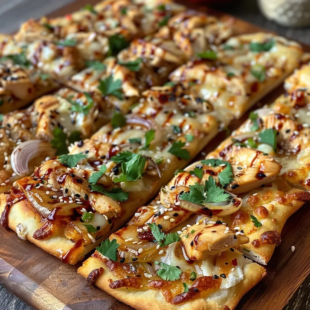 Close-up side view of a Teriyaki Chicken Flatbread topped with melted cheese and garnished with scallions.