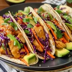 ['A close-up view of Teriyaki Chicken Tacos with vibrant toppings, including cabbage and avocado.', 'Juicy Teriyaki Chicken Tacos stacked on a wooden surface with colorful garnishes.', 'Side view of delicious Teriyaki Chicken Tacos, showcasing the juicy filling and fresh vegetables.', 'An appetizing close-up of Teriyaki Chicken Tacos featuring sesame seeds and lime wedges.']