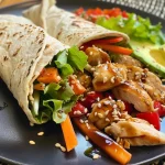 ['A succulent Teriyaki chicken wrap filled with fresh vegetables, viewed from the side.', 'Close-up of a Teriyaki chicken wrap showcasing vibrant ingredients and texture.', 'Side view of a juicy Teriyaki chicken wrap with colorful fillings, perfectly plated.', 'A delicious Teriyaki chicken wrap displaying layers of chicken and veggies in a tortilla.']