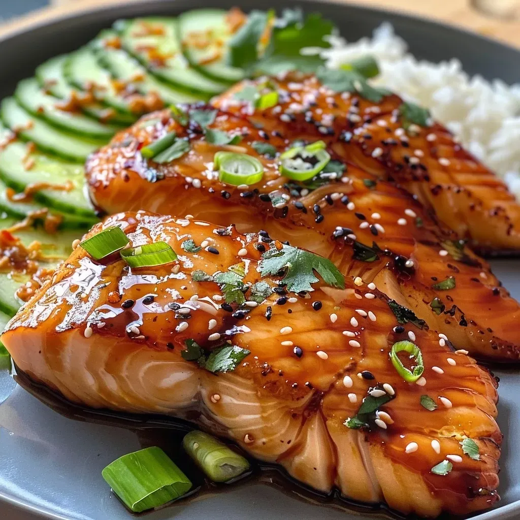 ['Close-up view of juicy teriyaki-glazed cod fillets with sesame cucumber salad.', 'Side view of glistening teriyaki cod fillets garnished with cucumber salad.', 'Appetizing teriyaki cod fillets served with a fresh cucumber salad and sesame seeds.', 'Delicious, plated teriyaki-glazed cod fillets alongside a vibrant sesame cucumber salad.']