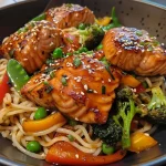 ['A close-up side view of Teriyaki Salmon Noodles, featuring salmon, colorful vegetables, and noodles.', 'Juicy Teriyaki Salmon Noodles displayed with vibrant broccoli, bell peppers, and snap peas.', 'Detailed close-up of a dish with salmon fillets, noodles, and fresh vegetables in teriyaki sauce.', 'A side view of a plated Teriyaki Salmon Noodle dish, highlighting the ingredients and textures.']