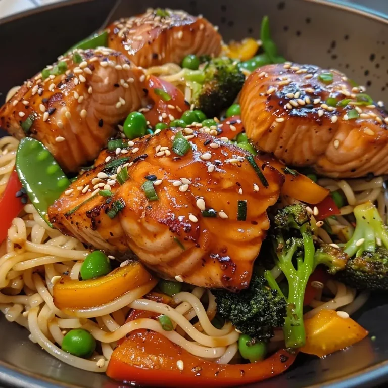 ['A close-up side view of Teriyaki Salmon Noodles, featuring salmon, colorful vegetables, and noodles.', 'Juicy Teriyaki Salmon Noodles displayed with vibrant broccoli, bell peppers, and snap peas.', 'Detailed close-up of a dish with salmon fillets, noodles, and fresh vegetables in teriyaki sauce.', 'A side view of a plated Teriyaki Salmon Noodle dish, highlighting the ingredients and textures.']