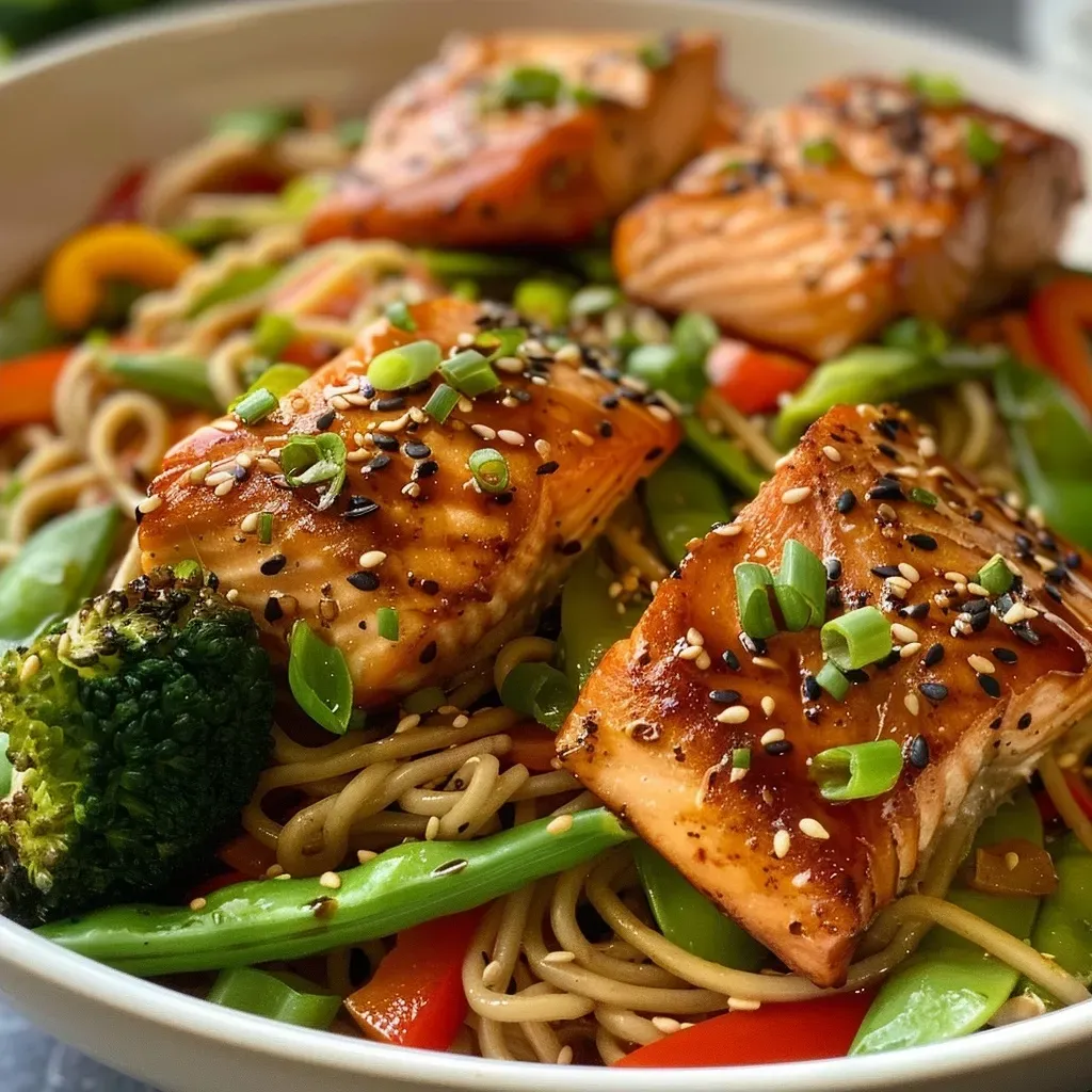 ['A close-up side view of Teriyaki Salmon Noodles, featuring salmon, colorful vegetables, and noodles.', 'Juicy Teriyaki Salmon Noodles displayed with vibrant broccoli, bell peppers, and snap peas.', 'Detailed close-up of a dish with salmon fillets, noodles, and fresh vegetables in teriyaki sauce.', 'A side view of a plated Teriyaki Salmon Noodle dish, highlighting the ingredients and textures.']