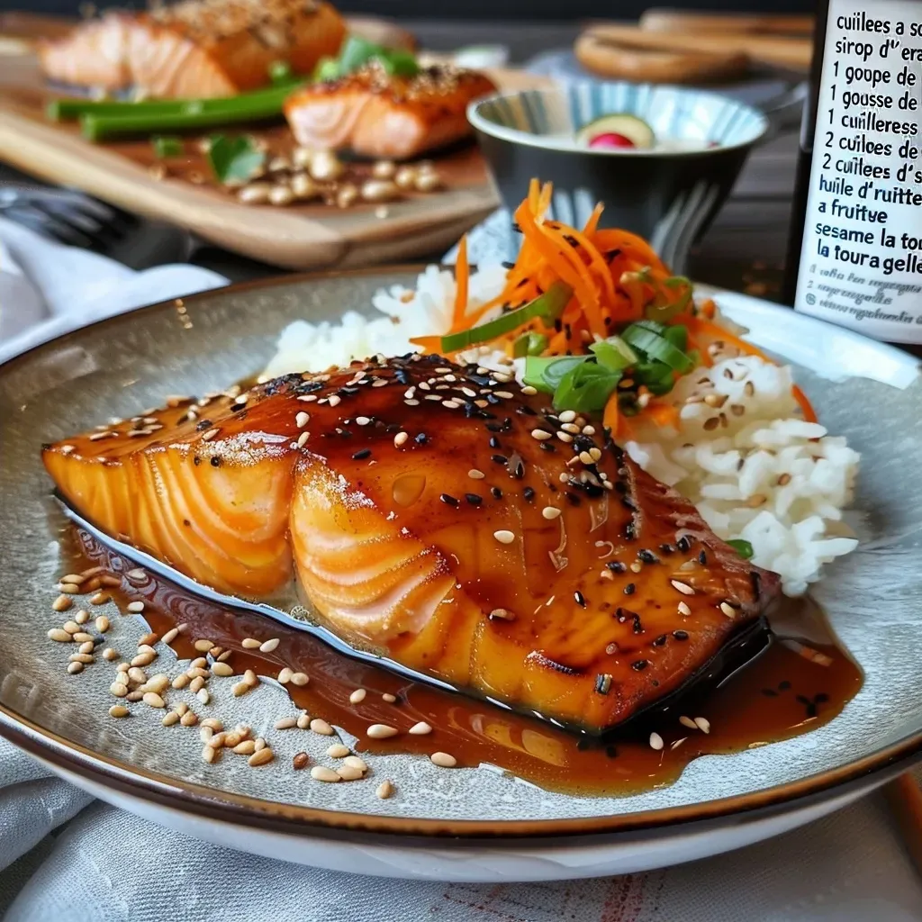 Close-up view of a glazed teriyaki salmon fillet on a plate.