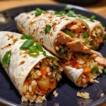 ['Close-up view of a Teriyaki Salmon Wrap with vibrant ingredients.', 'Juicy Teriyaki Salmon Wraps displayed on a plate with colorful filling.', 'Side view of Teriyaki Salmon Wraps showcasing fresh vegetables and salmon.', 'Detailed close-up of Teriyaki Salmon Wraps filled with rice, salmon, and greens.']