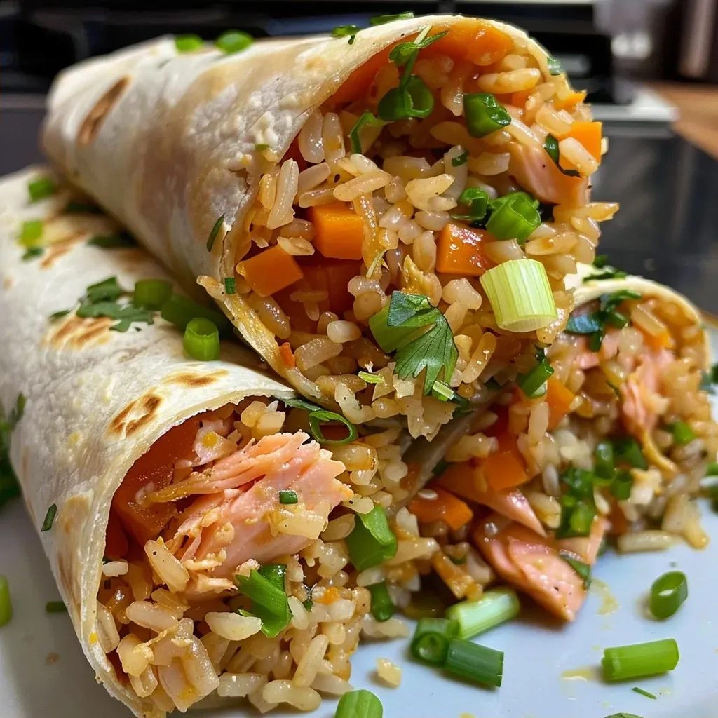 Close-up view of a Teriyaki Salmon Wrap with vibrant ingredients.