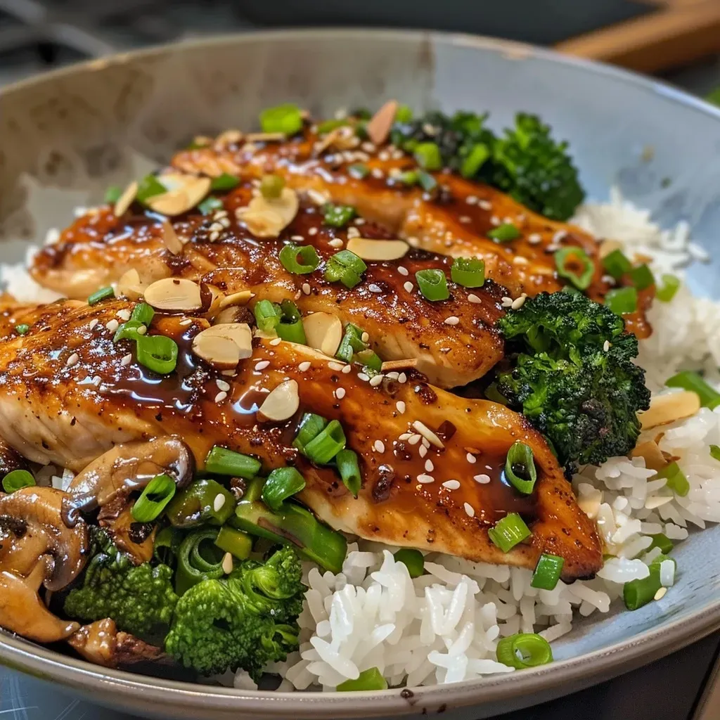 'a 'juicy 'side a almonds and broccoli casserole casserole, close-up colorful creamy dish's dish, emphasizing fillets flavorful garnished green highlighting in its layers mix.', of onions.', presented showcasing side slaw sliced teriyaki texture the tilapia vibrant view with